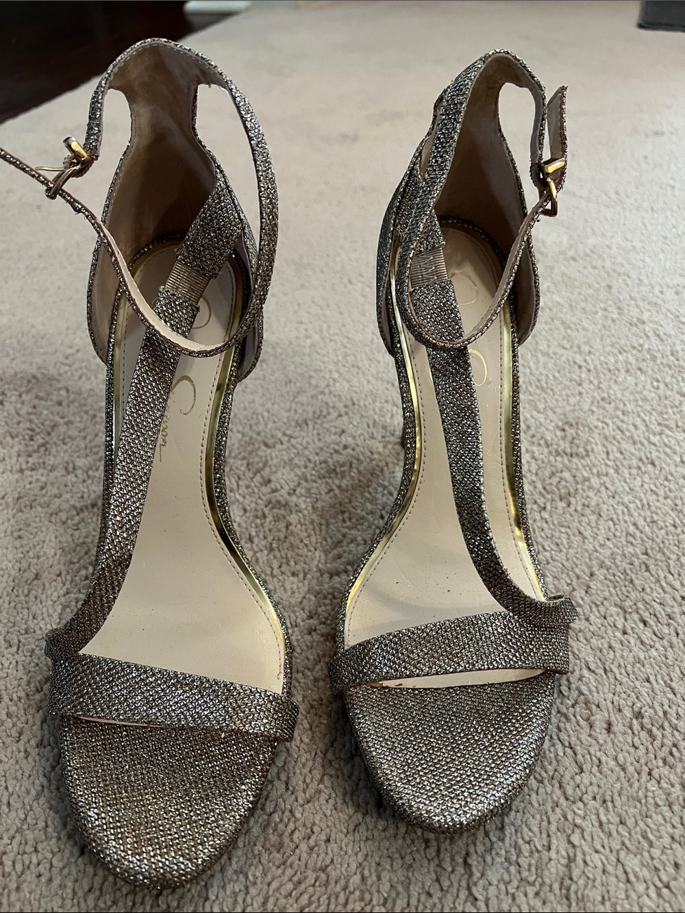 Jessica Simpson Metallic Glitter Ankle-Strap Heels in Shimmery Taupe